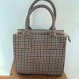 J. Crew Houndstooth Tote - Brown and Tan with blue and gold accents.